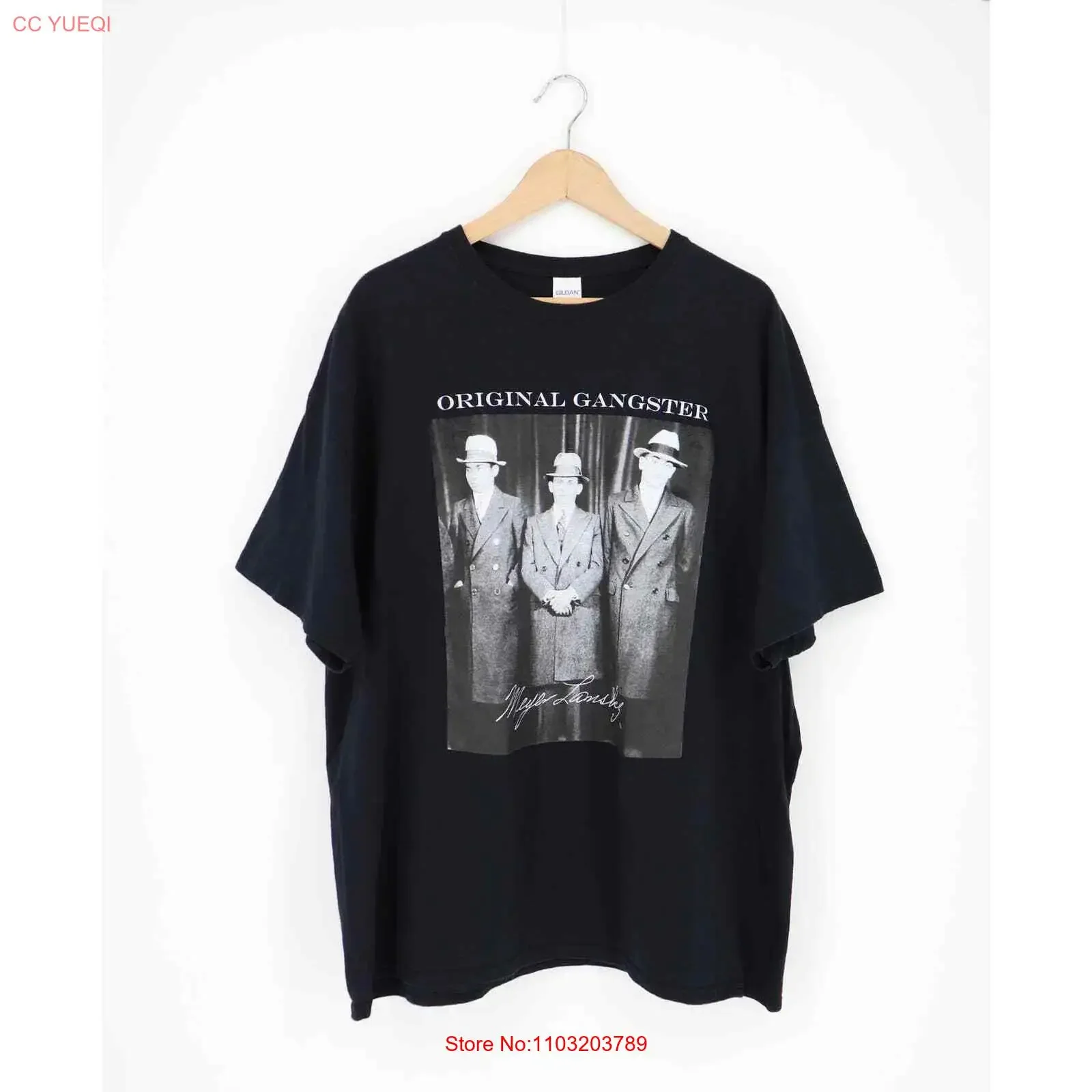 Camiseta MEYER LANSKY TM ORIGINAL GANGSTER PRETA 2XL vintage lavada, versátil, moda masculina, roupas de designer, ligeiramente desgastada.