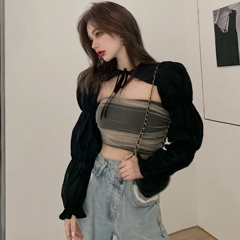 Two-piece Blouse Fashion Female Design Sense Stitching Tube Top Women\'s Mesh Belt Blouse Top  With Shawl