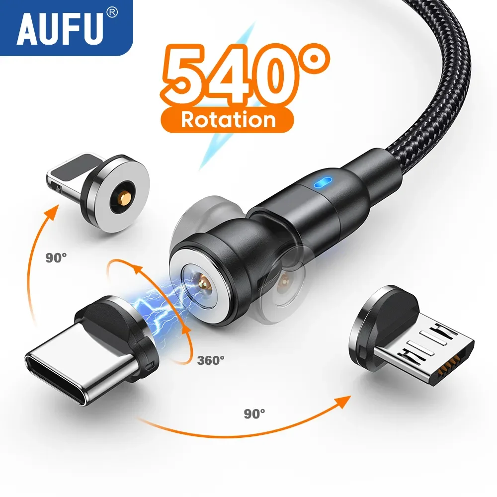 Cabo magnético ausu 3m 540, carregador magnético giratório, micro usb tipo c, cabo de fio para celular, para iphone, samsung, xiaomi, redmi