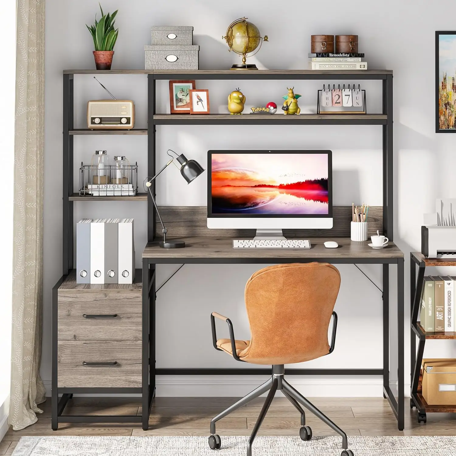 Bureau d'ordinateur rustique avec clapier, bureau d'étude, table d'écriture et de jeu, étagères de rangement, 2 portes de proximité