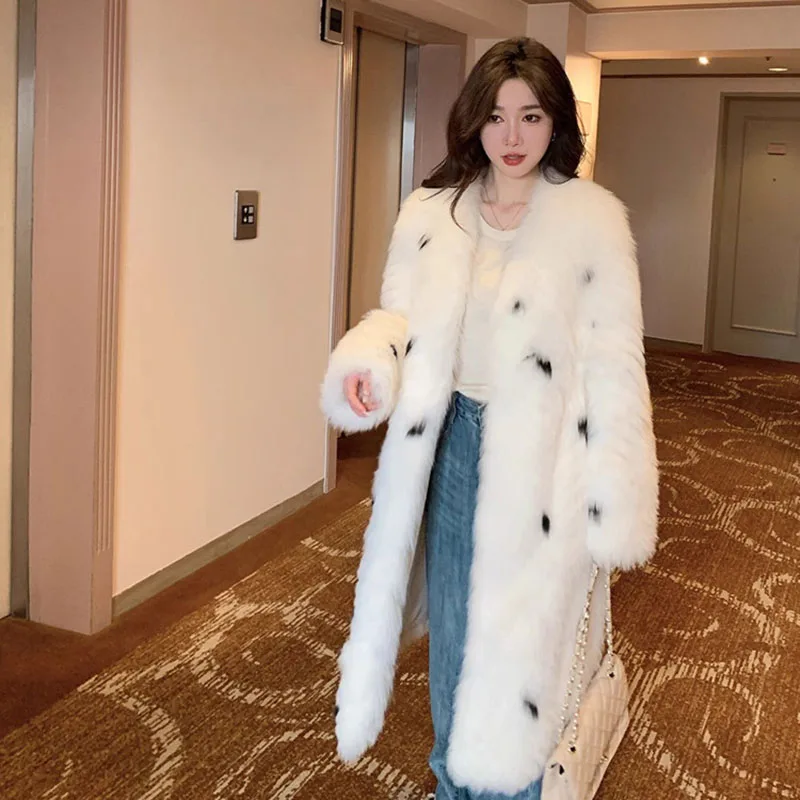 High Quality Fur Coat Imitating Fox Fur White Coat 2025 New White Thick Temperament Leopard Print Spotted Women's Fur Coat H623