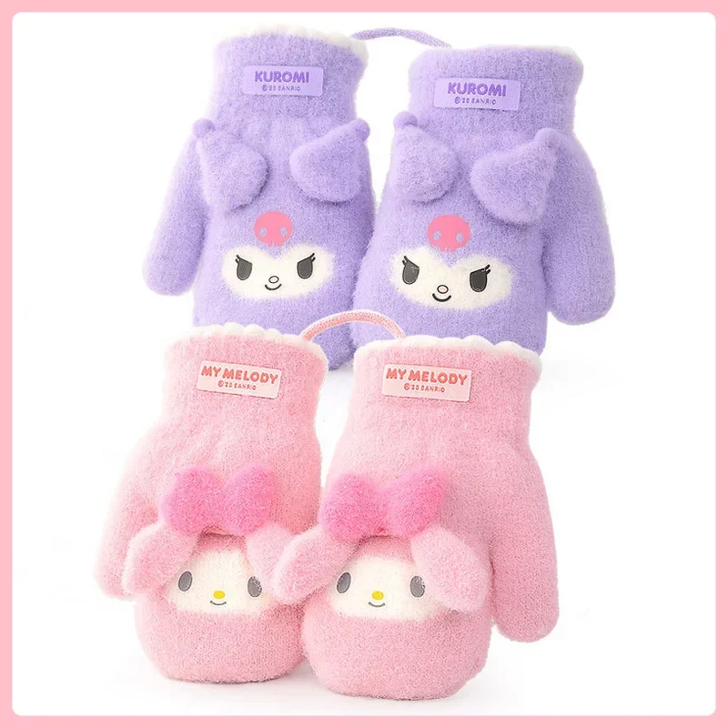 Dziecięce rękawiczki Sanrio pluszowe Kuromi rękawiczki odporne na zimno moja melodia Cinnamoroll rękawiczki z pięcioma palcami Pochacco zimowa