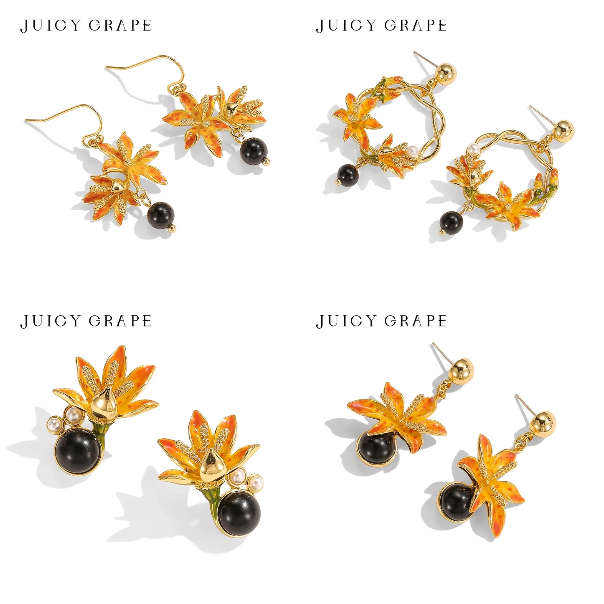 Juicy Grape Hand-Painted Enamel Earrings with Blackberry Lily Flower Design Black Onyx Pearl Floral Dangle Drop Jewelry for Wome