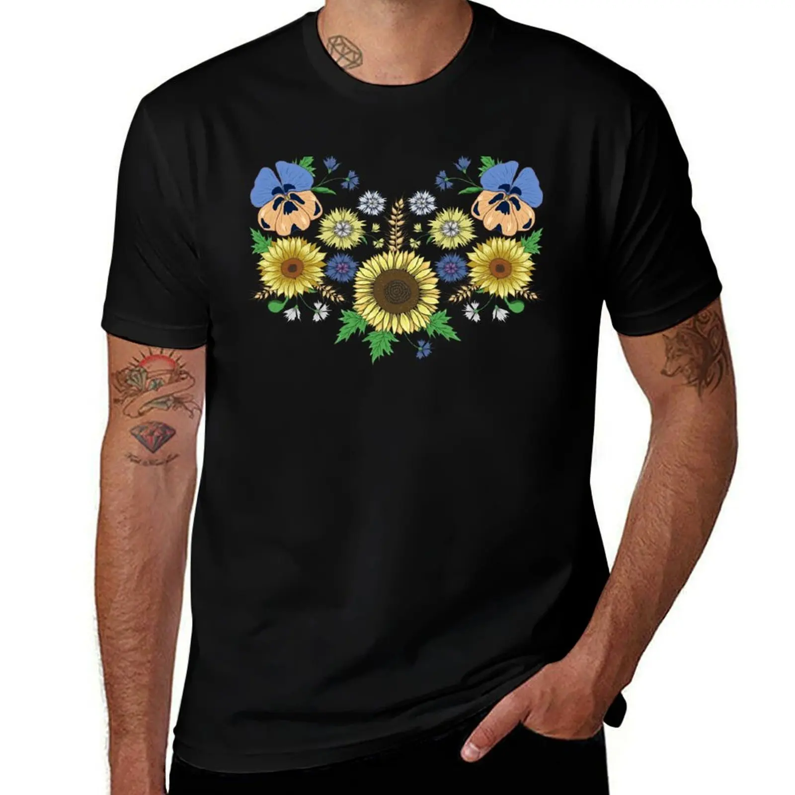 

Sunflowers Pansies Floral Vintage Ukrainian Vyshyvanka Style T-Shirt High Elasticity Sports Tee Shirt