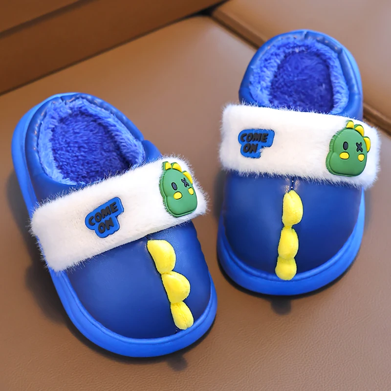 New Winter Cute Dinosaur Children\'s Waterproof Warm Non-slip Fluffy Slippers For Girls Boys Indoor Mule Kids Home Cotton Shoes