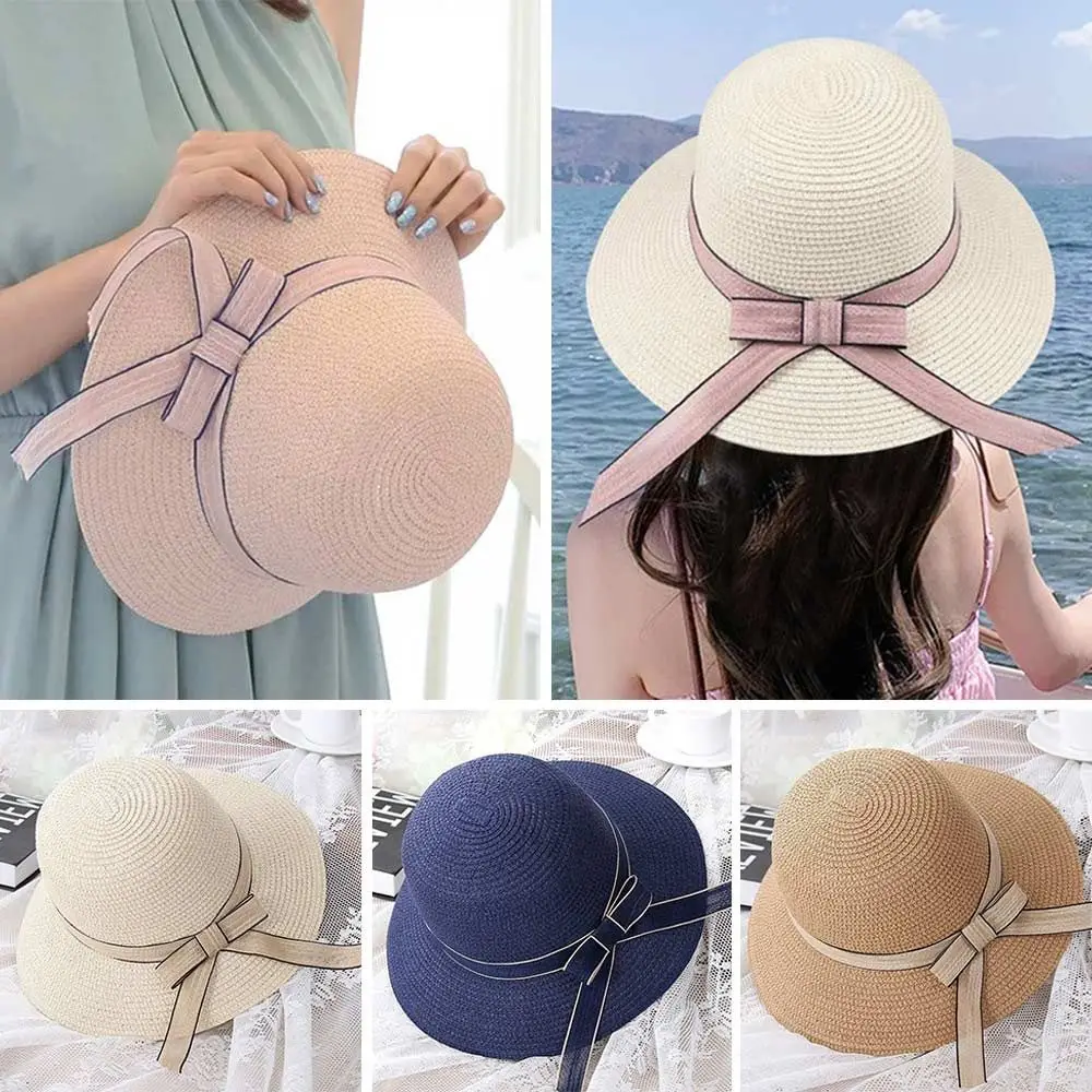 Sombrero de sol con protección UV para mujer, gorra de Panamá de viaje de ala ancha, sombrero de paja con lazo informal, Verano