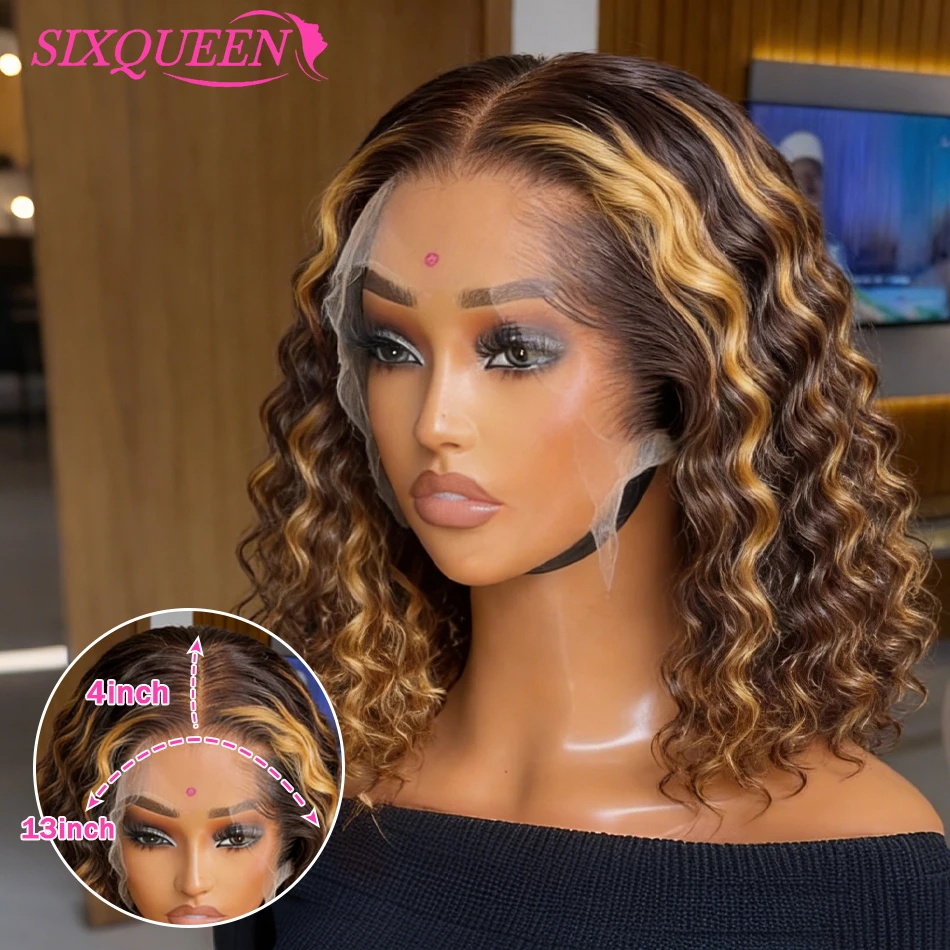 12Inch Highlight Deep Wave Short Bob Wig Curly 13x4 Lace Front Wigs Brazilian  Human Hair Ombre 4/27 Water Wave Bob Wigs