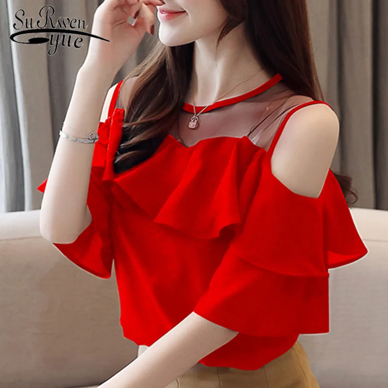 Fashion Short Sleeve White Blouse Summer Chiffon Shirt Casual Off Shoulder Womens Tops and Blouses Female Clothes Blusas 4206 50