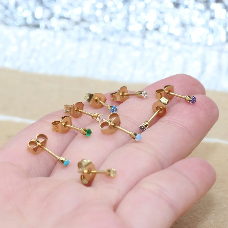 Steel Gold Color Mini 2mm AAA Round Colorful Zircon Stud Earrings Stainless Steel Needle Hypoallergenic Jewelry Set of 20