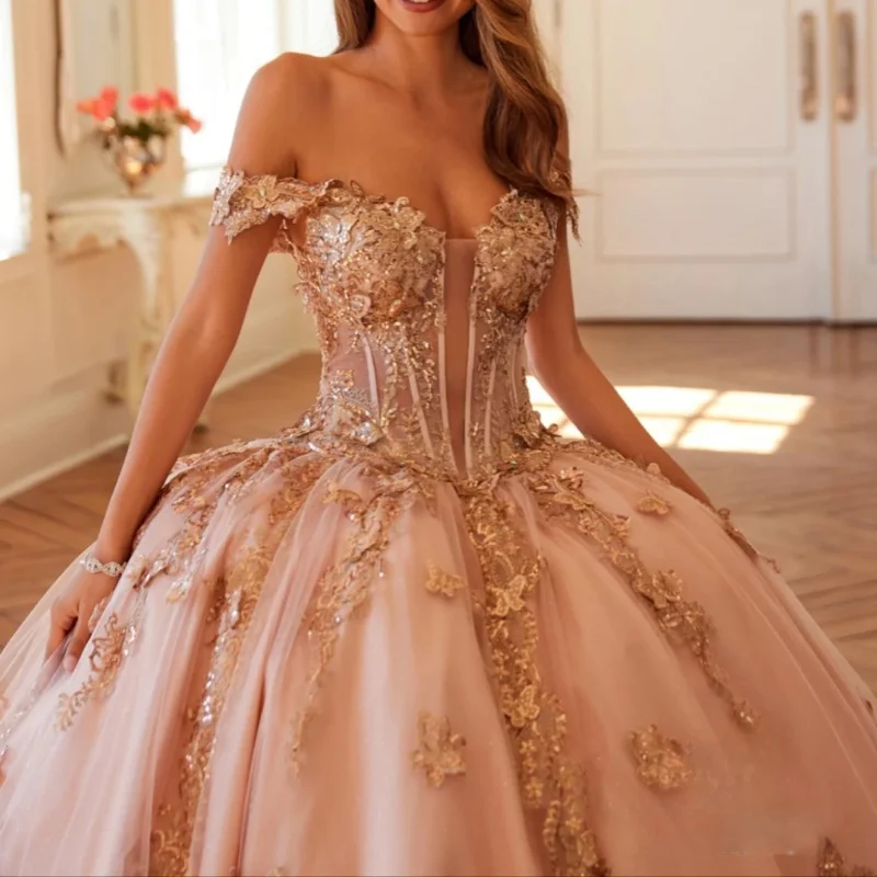 

Pink Quinceanera Dress off-shoulder Glitter flower Decal Big Bow Vestidos De 15 Quinceanera ﻿Customize