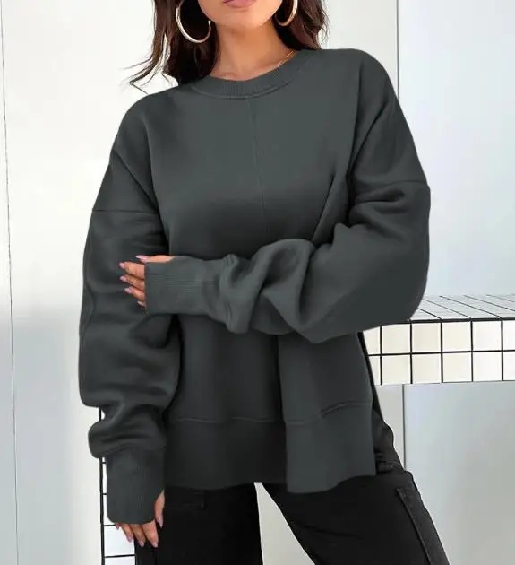 

Autumn and Winter Loose Round Neck Knitted Sweatshirt Casual Women's Clothing Slit Sports Pullover Top