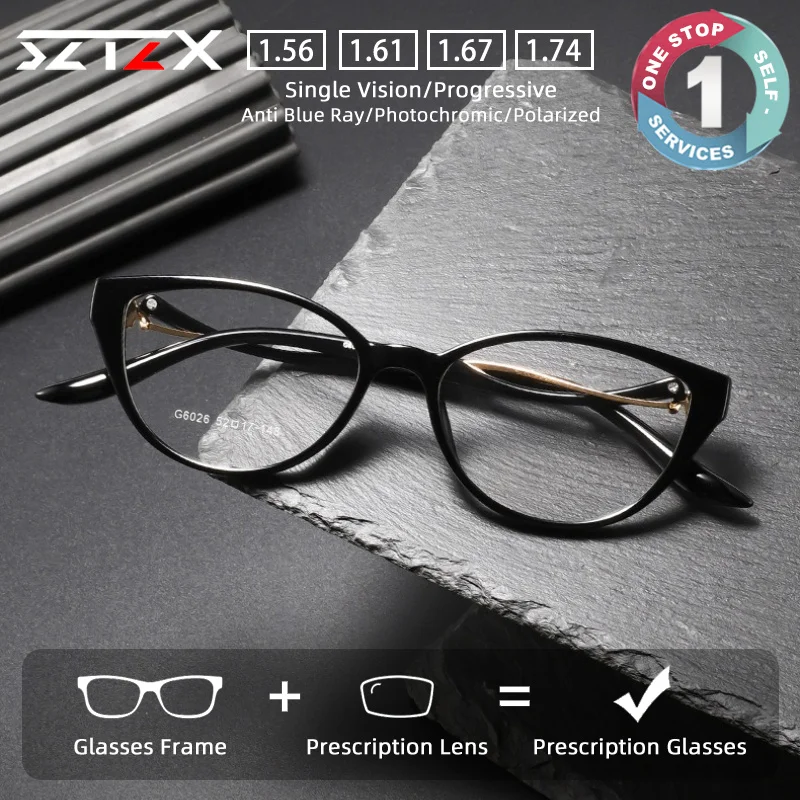 SZTZX Trendy Durable Casual Style Prescription Glasses Anti Blue Light Women Myopia Eyewear Cat Eye Progressive Reading Glasses