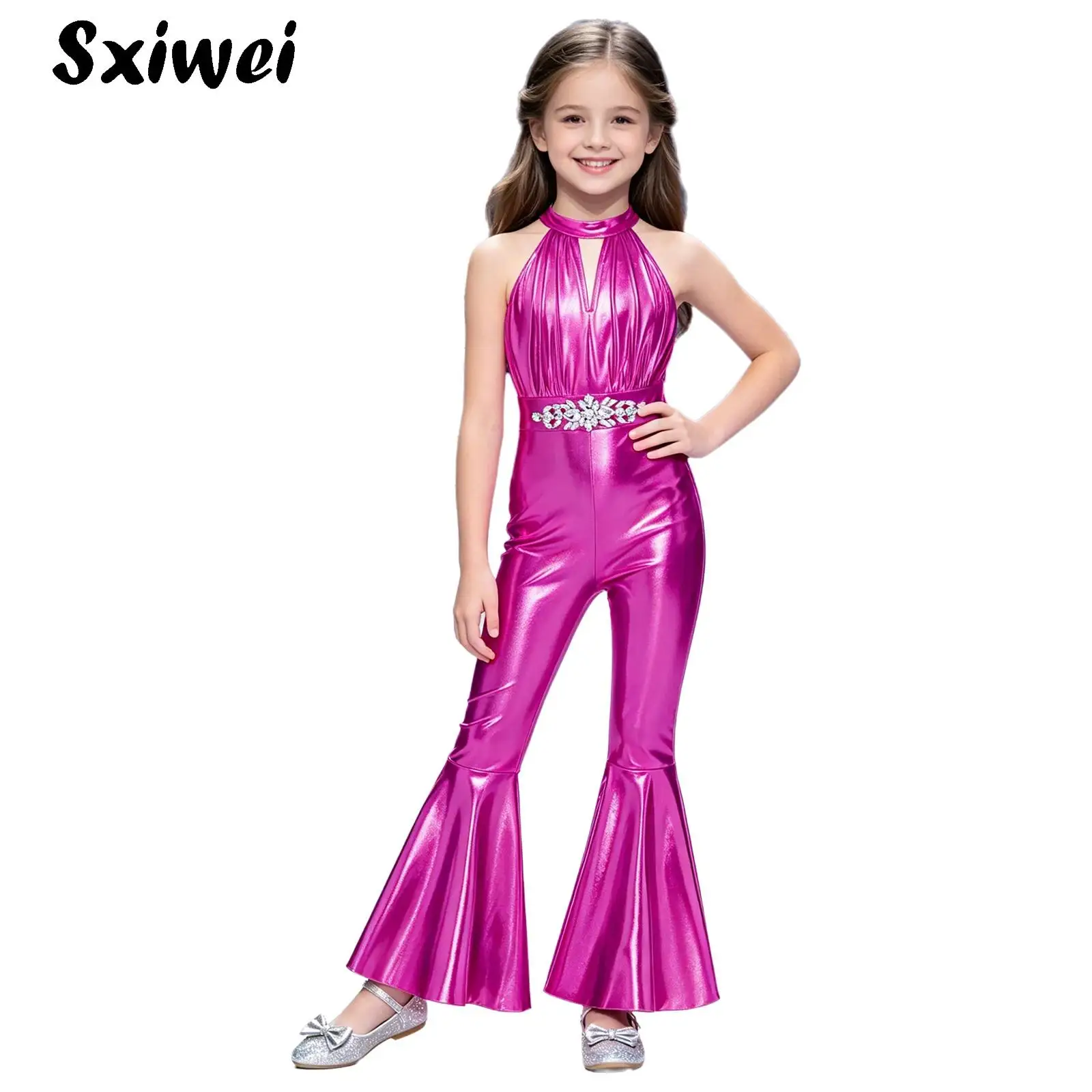 Child Girls Shiny 70s Disco Flared Jumpsuit Halter Sleeveless Hippie Bell Bottoms Pants Metallic Pageants Rompers Jazz Dancewear