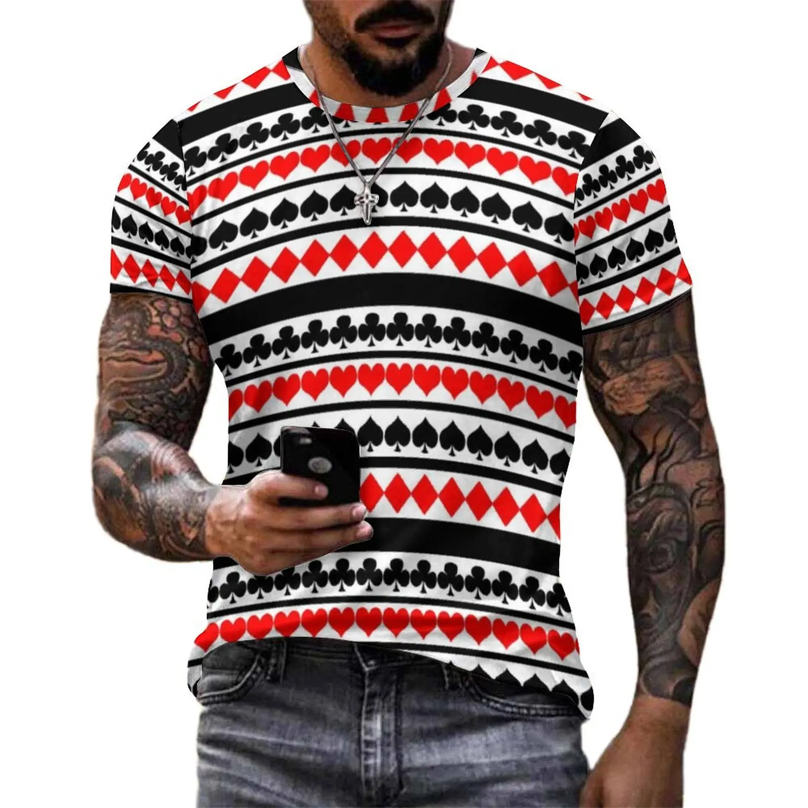 Card Suit Stripe Print T-Shirt  Vintage T Shirts Male Streetwear Tshirt Summer Short Sleeve Graphic Tops Plus Size 6XL