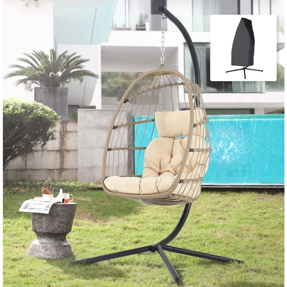 

all-weather outdoor patio egg swing chair with wicker hanging seat, rope back, cushion, and cover, foldable