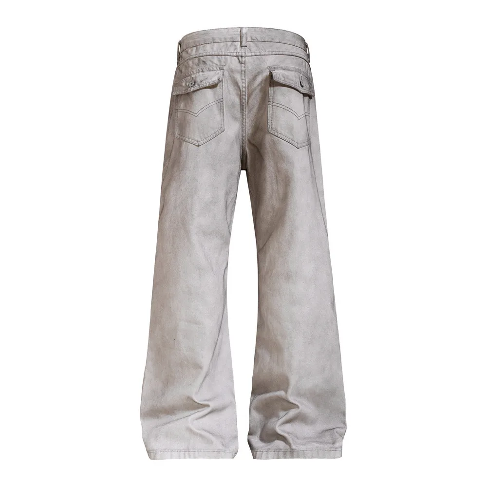 MWJLPWQ Niched Style Wrinkled Distressed Denim Flared Pants For Men New Trendy Washed Loose Wide-Leg Trousers Vibe Style 20748