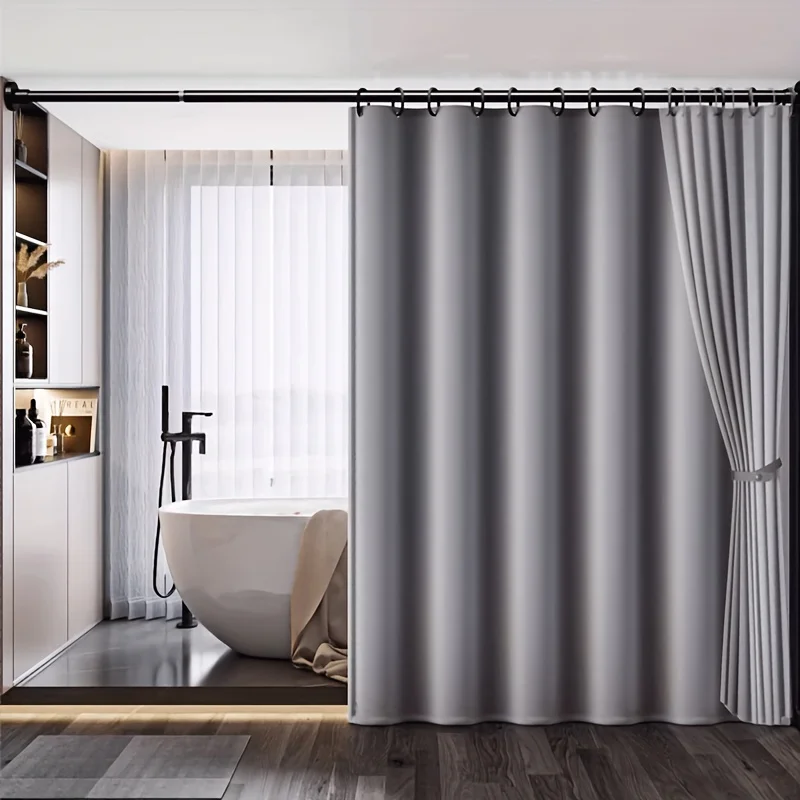 Linen Shower Curtain with Built-In Hooks Dry Wet Separation No-Drilling Required Decorative Bathroom Elegance Linen Fabric - view 2