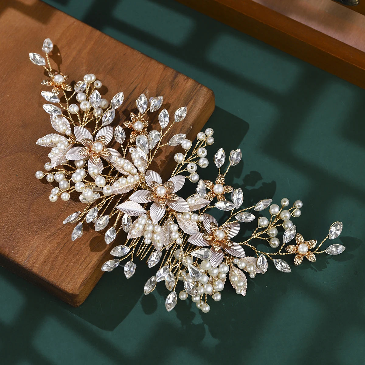 Gold Leaf White Soft Ceramic Metal Hair Comb Classic Flower Bridal Pearl Insert Comb Side Clip Wedding Hair Accessories Headdres image 4