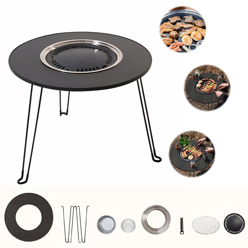 

Outdoor Round Wood Table Portable Barbecue Table Foldable Lightweight Smokeless Barbecue Grill