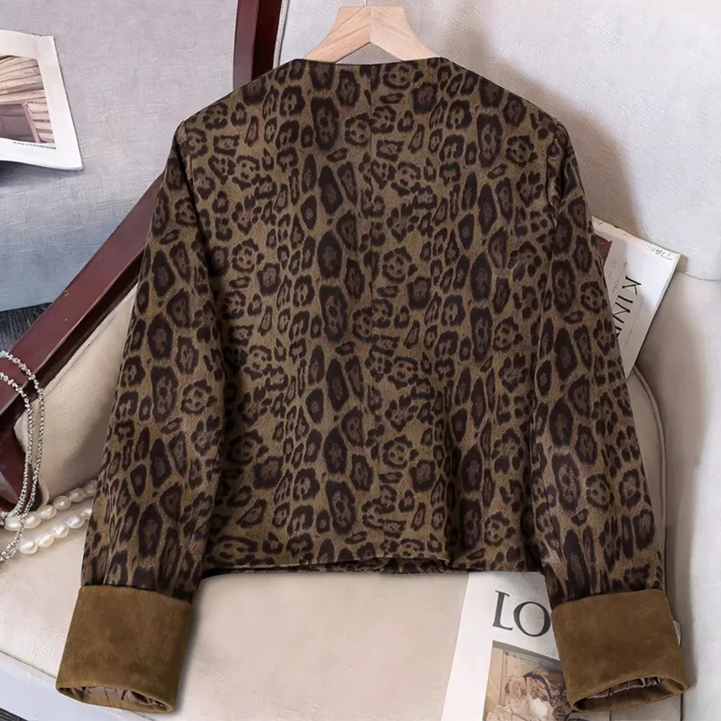 Retro Y2K Leopard Jacket Women Streetwear Long Sleeve O Neck Vintage Short Coat American Causal Harajuku Fall Winter Outwear Top
