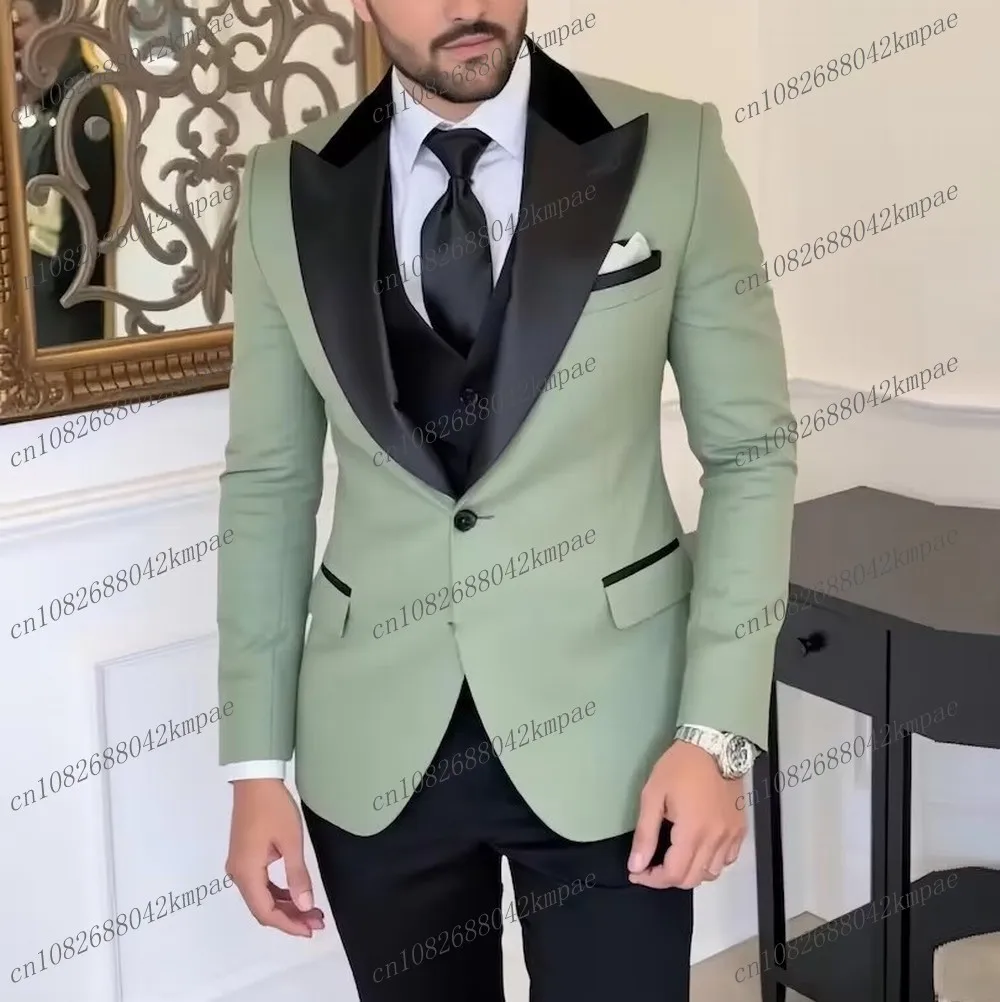 

Matcha Green And Black Men Suit Formal Occasion Groom Groomsman Wedding Party Prom Male Tuxedos 3 Piece Set Blazer Vest Pants