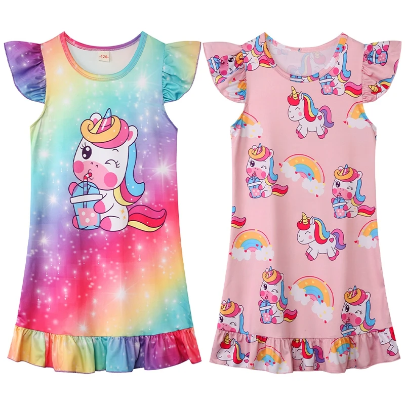 Kids Dress Girls Cartoon Print Summer Short Sleeve Fashion Casual Children's Nightdress Vestidos Kids Clothes 3-10Yrs