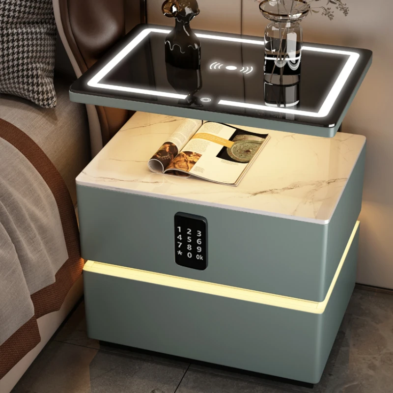 Smart wireless charging suspension bedside table Simple modern solid wood Combination lock Rock plate bedside cabinet Small