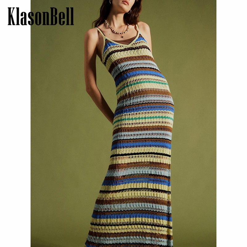 

5.17 KlasonBell Celebrity Same Holiday Crochet Hollow Out Striped Knit Dress Women Soft Comfortable Suspender V-Neck Maxi Dress