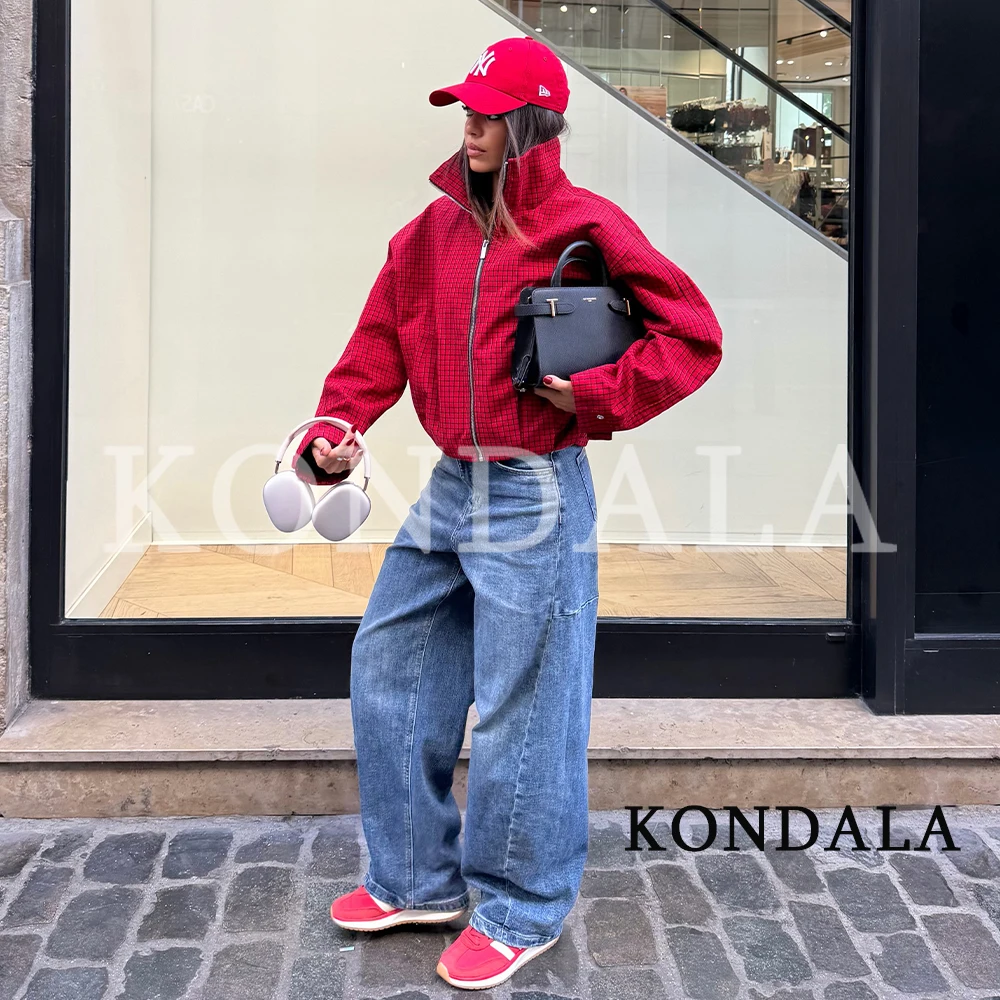 KONDALA Women Chic High Street Plaid Jacket Stand-Collar Zipper Jacket 2026 Early Fall Trendy Vintage Casual Cool Girls Jacket