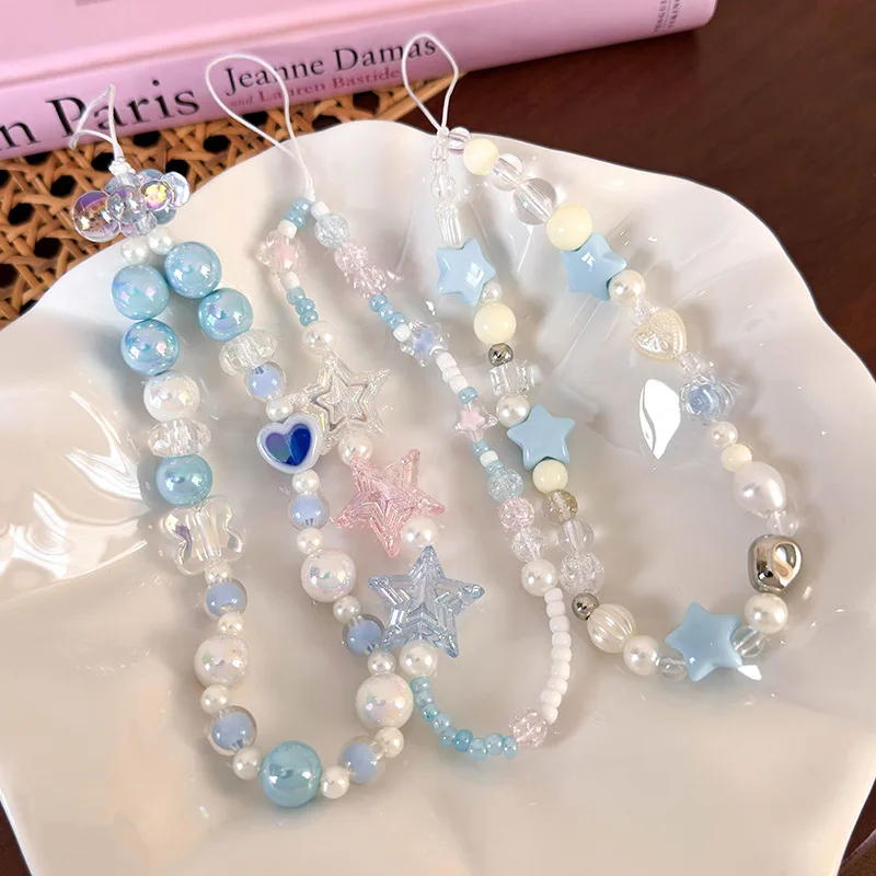 Beaded Pendant Y2K Mobile Phone Charms Heart Cellphone Chain Clouds Stars Phone Strap Korean Anti Lost Phone Lanyard view 2
