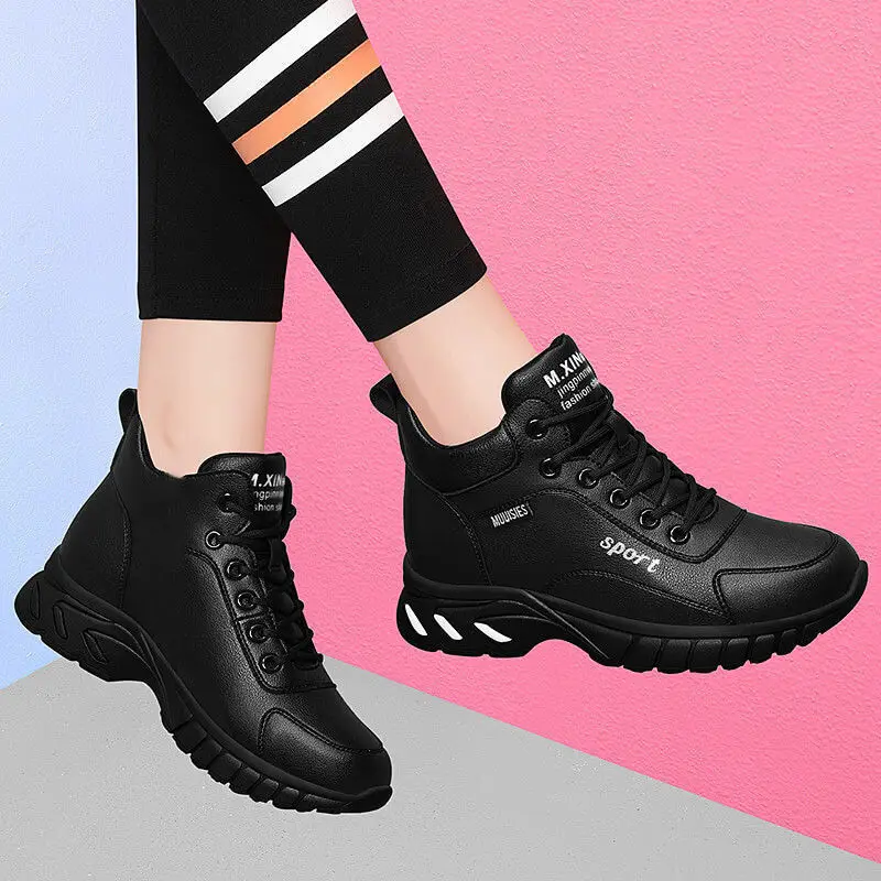 Winter Black Leather Sneakers Casual Women Waterproof Warm Flat Sneakers With Fur Fashion Slip On Trainers Sports Running Shoes