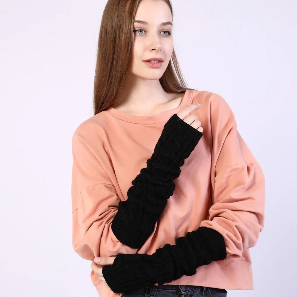Lässige, einfarbige fingerlose Handschuhe, lange schwarze Handwärmer-Ärmel, Armstulpen über dem Ellenbogen, Handschuhe für Damen – Detail 6