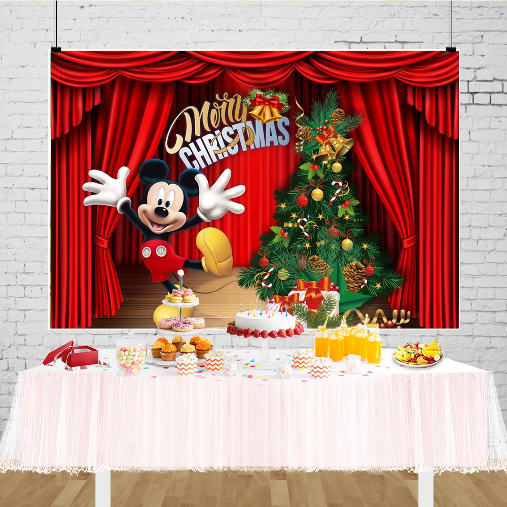 Minnie & Mickey Mouse Backdrop Christmas Party Decorations 2024 Xmas Banner Disney Christmas Background Photography Props Studio