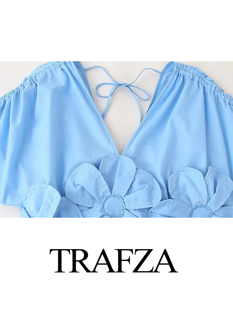 TRAFZA Women's Summer New Three-Dimensional Floral V-Neck Short Sleeved Drawstring Dress Female Bow Decorated Zipper Dress Mujer