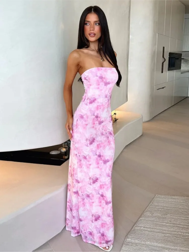 女性の胸ラッピングバックルボディコンファッションプリントマキシドレスセクシーでエレガントなカジュアルロングドレスパーティークラブストリートサマードレス