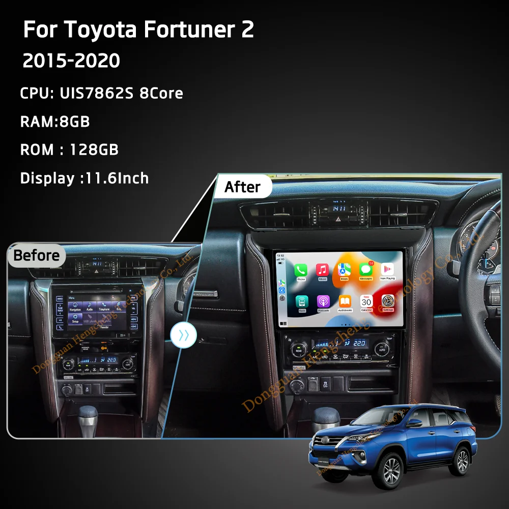 11.6Inch For Toyota Fortuner 2 2015-2020 Car Multimedia Player GPS Navigation Radio Android12 8+128G 8Core CarPlay 4G 360Camera