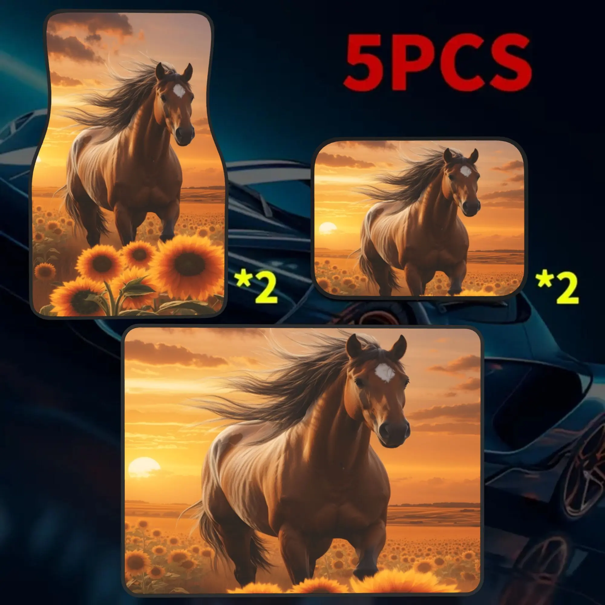 Set Of 5 Beautiful Car Floor And Trunk Mats Featuring A Magnificent Bay Horse Through A Colorful Sunflower Field At Sunset, Perf