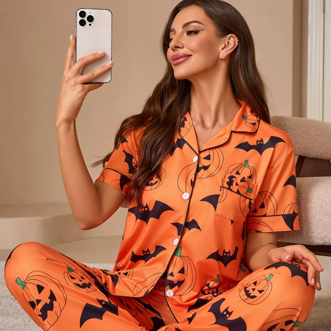 

Женская пижама с оранжевым принтом тыквы на Хэллоуин, кардиган, модная рубашка с короткими рукавами, длинные брюки, домашняя одежда для женщин