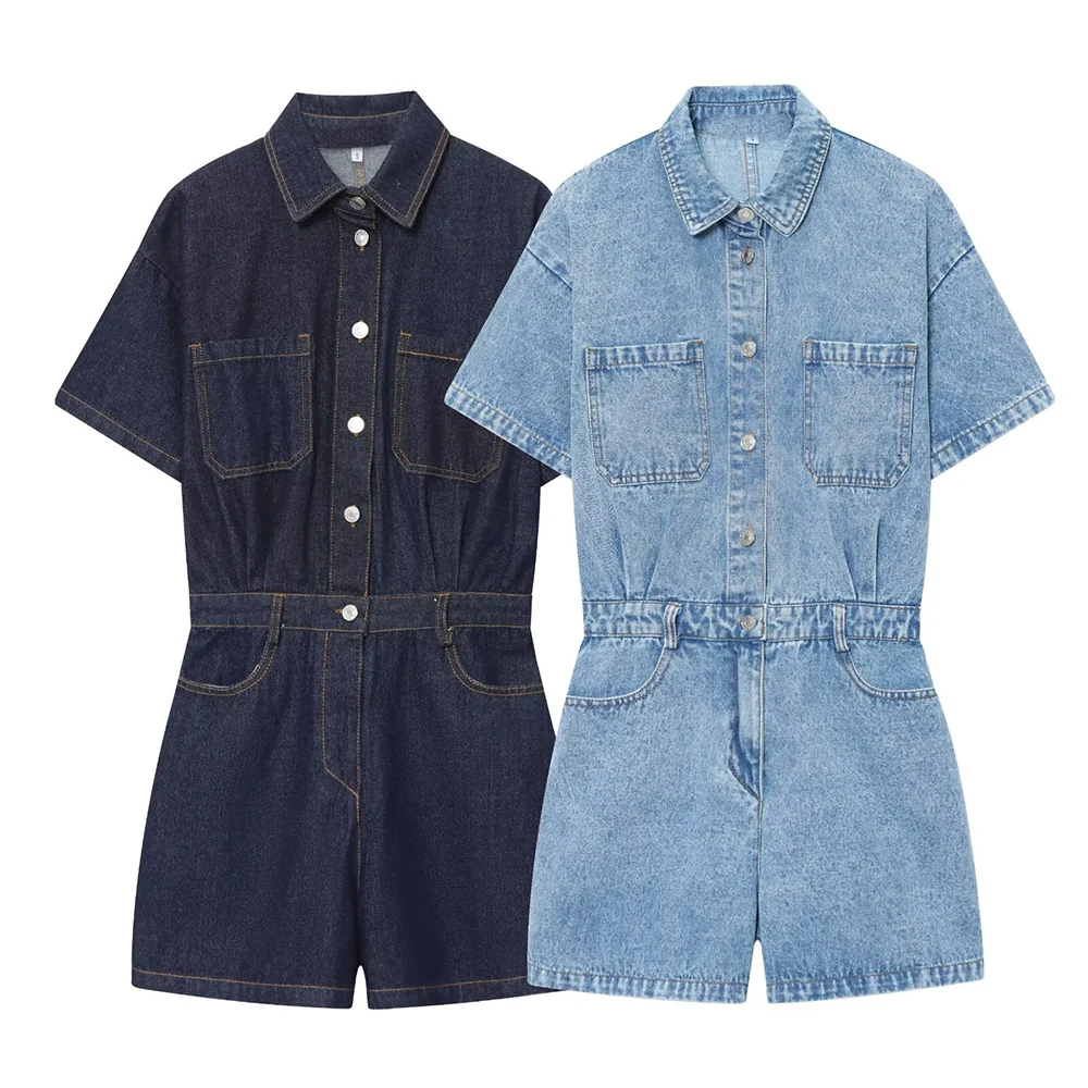 

DiYiG WOMAN 2025 Summer New Product Fashionable Lazy Style Cowboy Short sleeved jumpsuit Shorts Unique Collar Shorts Mujer