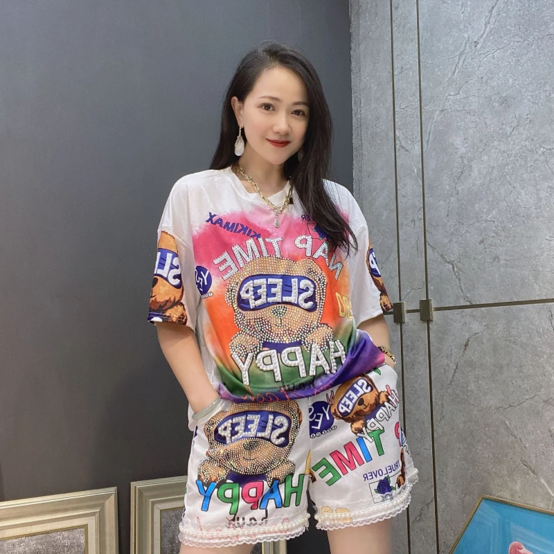 2024 New Summer Women Two-piece Set Cartoon Hot Drilling Short Sleeve T-shirt Loose Top + Beads A-line Casual Shorts Suits