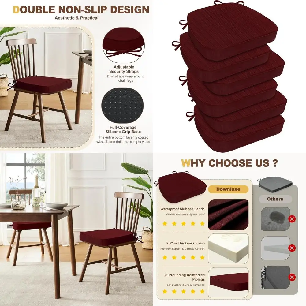 

Chair Cushions for Dining Chairs, Waterproof Kitchen Chair Pads, Non-Slip Dining Seat Cushion with Ties, 17" x 16" x 2.5", Burgu
