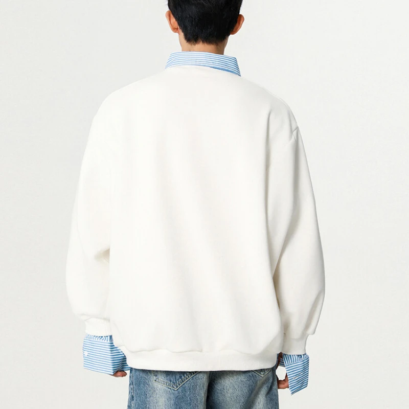 Layered-look Sweater with  Sewn-in Shirt Collar Spring Men Loose Casual Long Sleeve T-Shirt Daily Versatile Base Layer