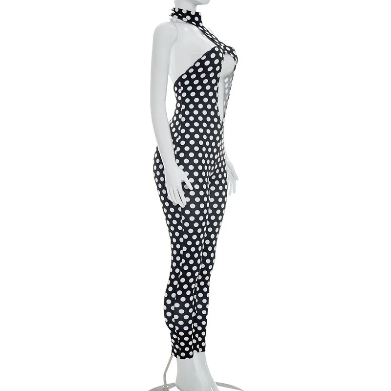 Polka-Dot-Print Jumpsuit für Damen, 1-teiliger Playsuit, Sexy Trendiger Rückenfreier Ärmelloser Neckholder-Romper mit Cut-Outs, Figurbetonter Coquette Midnight Club Einteiler – Detail 7
