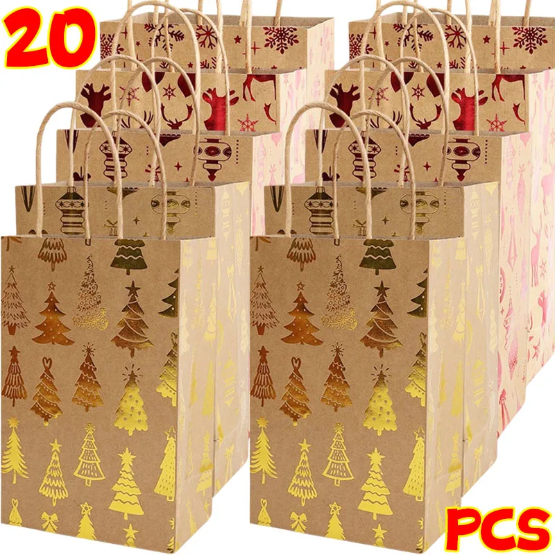 

20/1Pcs Christmas Gold-Foil Kraft Party Gift Bag Lantern Bell Snowflake Xmas Tree Packaging Handbag for Holiday Gift Suppies