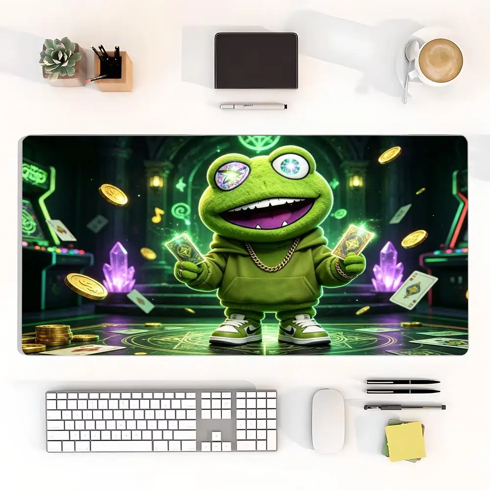 Table Mat Cool Street Style Frog Doll Gold Coin Banknote Neon Crystal Cyber Indoor Scene Large Size Bedroom Learning Pad