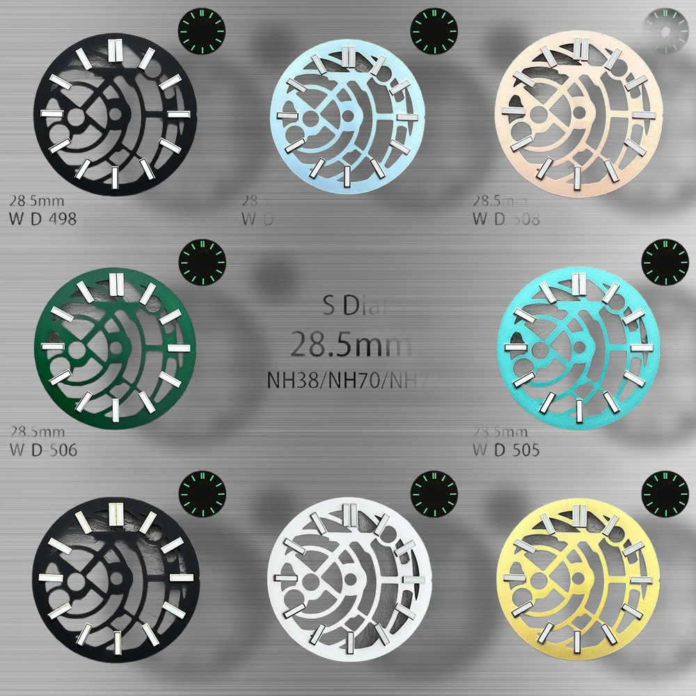 30.5mm S Logo Hollow Out Dial Suitable for NH38/NH70/NH72 Movement Green Luminous Watch Modification Accessories