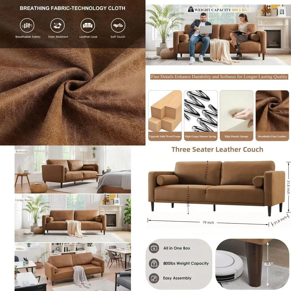 

Современный диван из дышащей искусственной кожи на 3 места с подушками, подходит для гостиной или офиса, коричневый