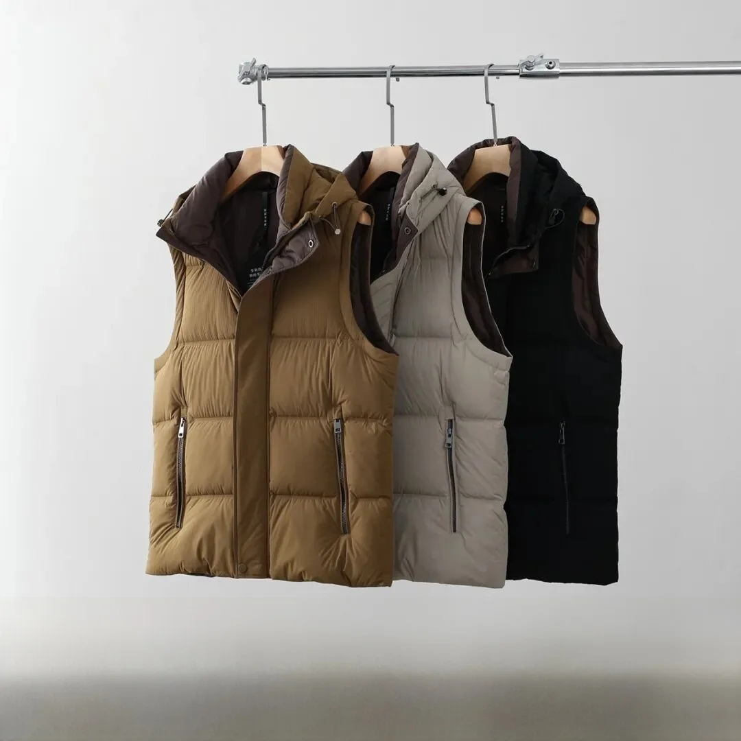 

Men's High Loosen Warmth Du down Vest Autumn Winter Faionable Hooded Zipper Pure Color Youth Trendy Tee-Proof Techno...