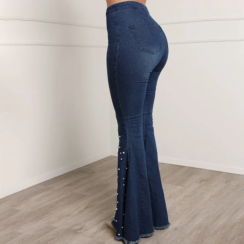 Women High Waist Elastic Skinny Jeans Wide Leg Trousers Ladies Casual Bell Bottom Jeans Pants Plus Size Beaded Denim Flare Jeans