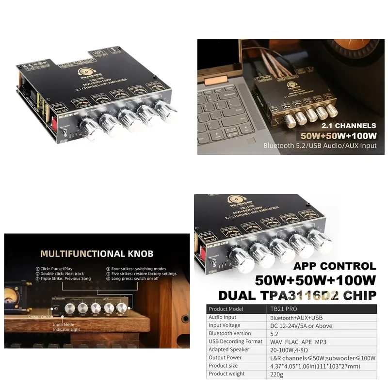 Audio Power Amplifier Board ZK-TB21 2.1CH 50W TB21 PRO 2.1 Channel 5.2 Stereo Power Amplifier Board 50W + 50W + 100W7827